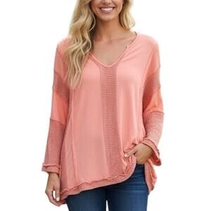 POL Peach Lagenlook Top M Oversized Boho Festival Mixed Media Casual Cozy Comfy